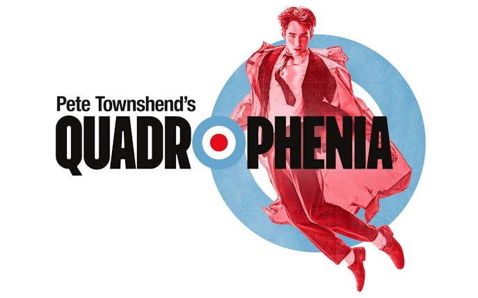 Quadrophenia logo with a person in a red suit and blue circle background