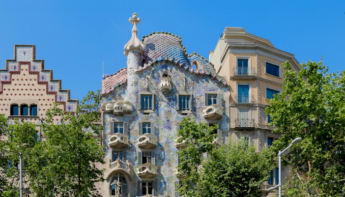 Casa Batllo facade in Barcelona with Gaudi's distinctive architectural design.