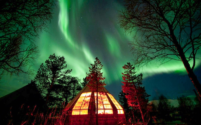 Northern Lights over a glowing cabin in Tromso forest.