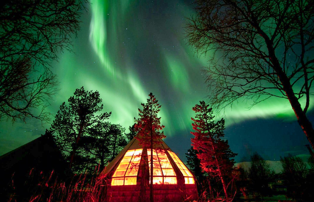 Northern Lights over a glowing cabin in Tromso forest.