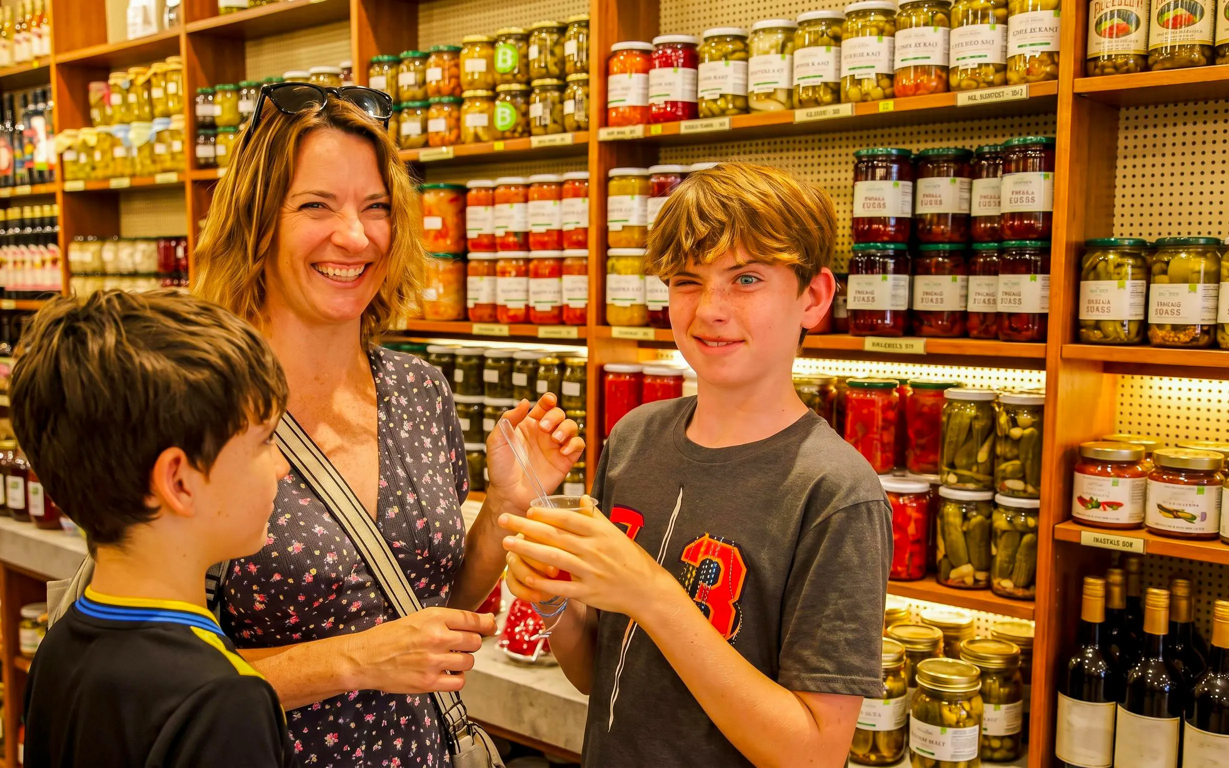Family enjoying pickles at a shop during an Istanbul food tour.
