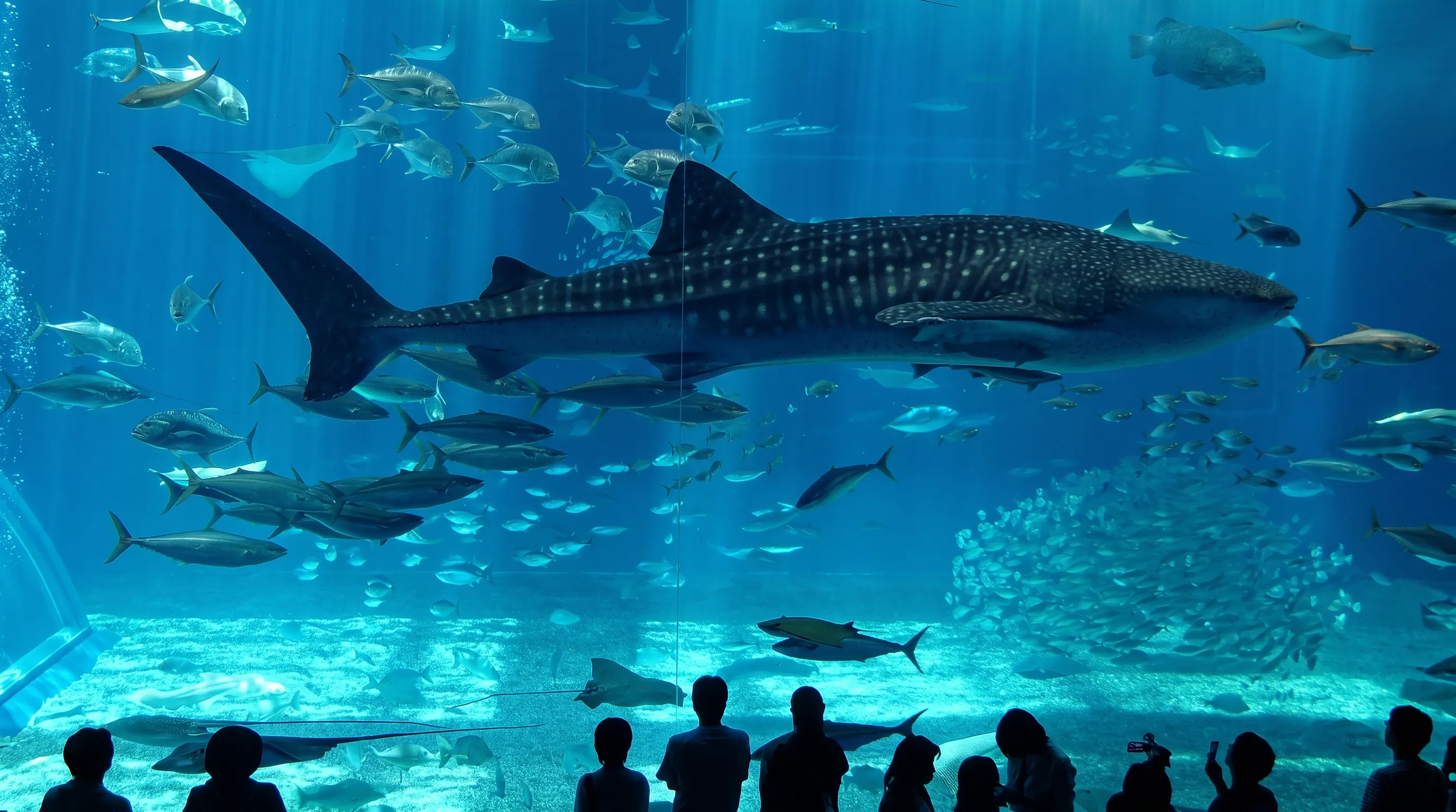 Sharks swimming in a large tank at Istanbul Aquarium with visitors watching.