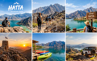 Hikers exploring Hatta mountains with scenic views, kayaking, and sunset over a fort, Sharjah.