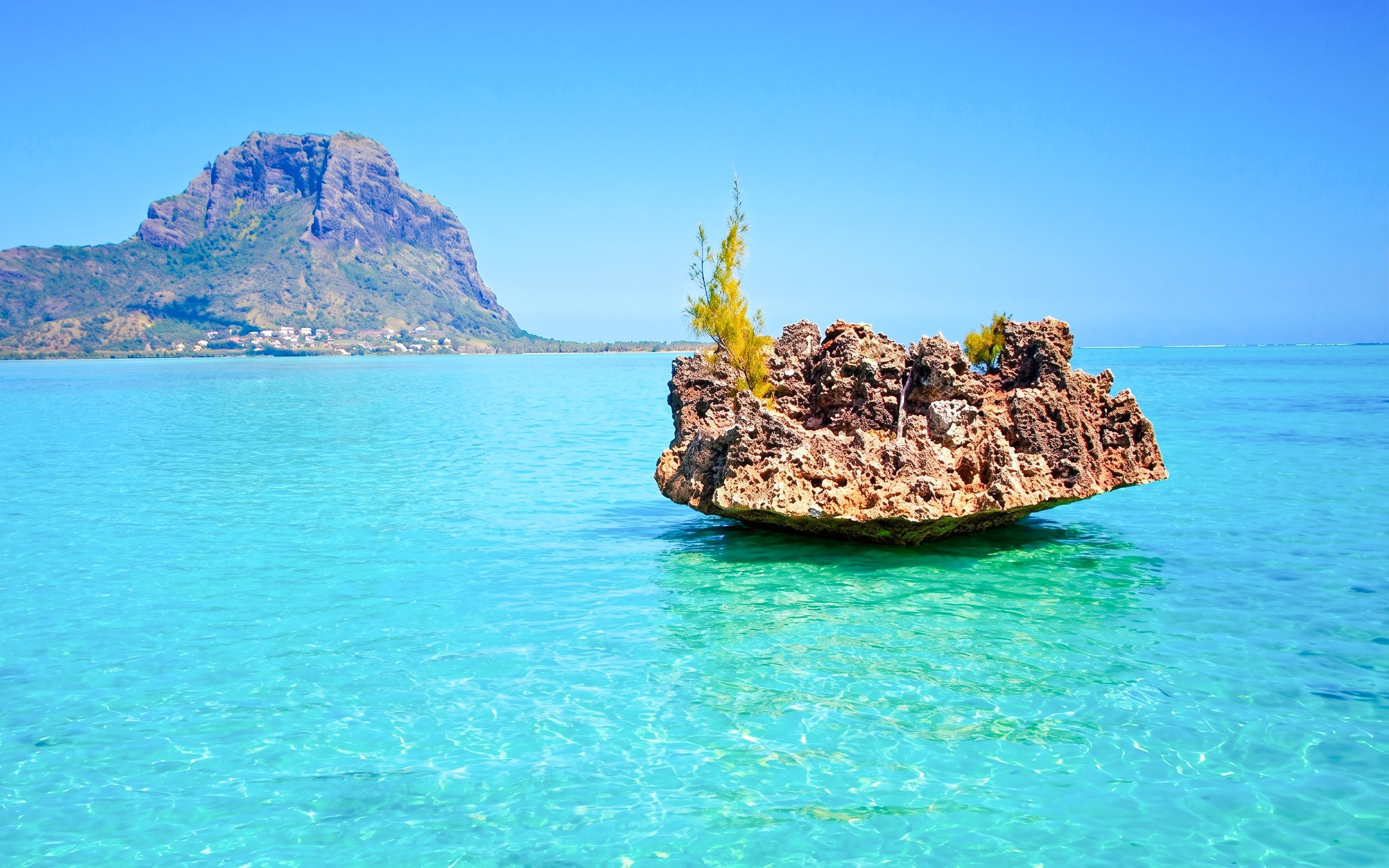 Crystal rock formation in turquoise waters with Le Morne Brabant in the background, Mauritius.