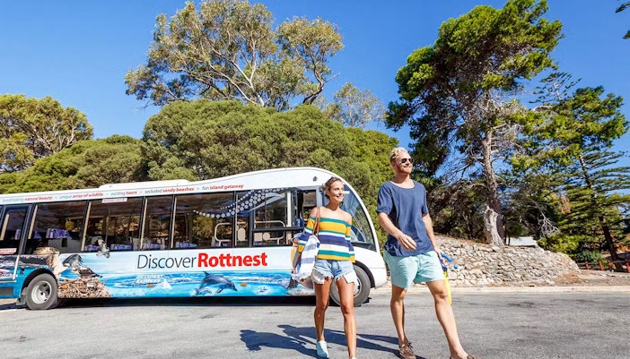 Rottnest Island bus tour with scenic coastal view, Western Australia.