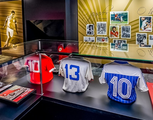 Benfica Stadium museum collections display with football memorabilia and trophies in Lisbon, Portugal.