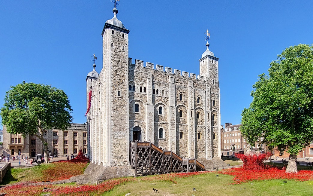 Tower of London with poppy installation and surrounding greenery.