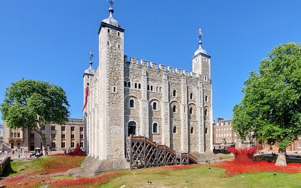 Tower of London with poppy installation and surrounding greenery.
