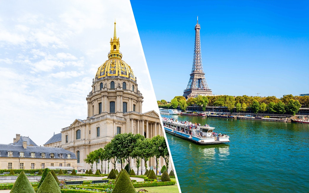 Invalides dome and Seine River cruise with Eiffel Tower in Paris.