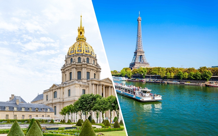 Invalides dome and Seine River cruise with Eiffel Tower in Paris.