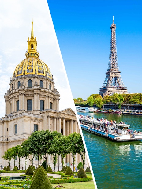 Invalides dome and Seine River cruise with Eiffel Tower in Paris.