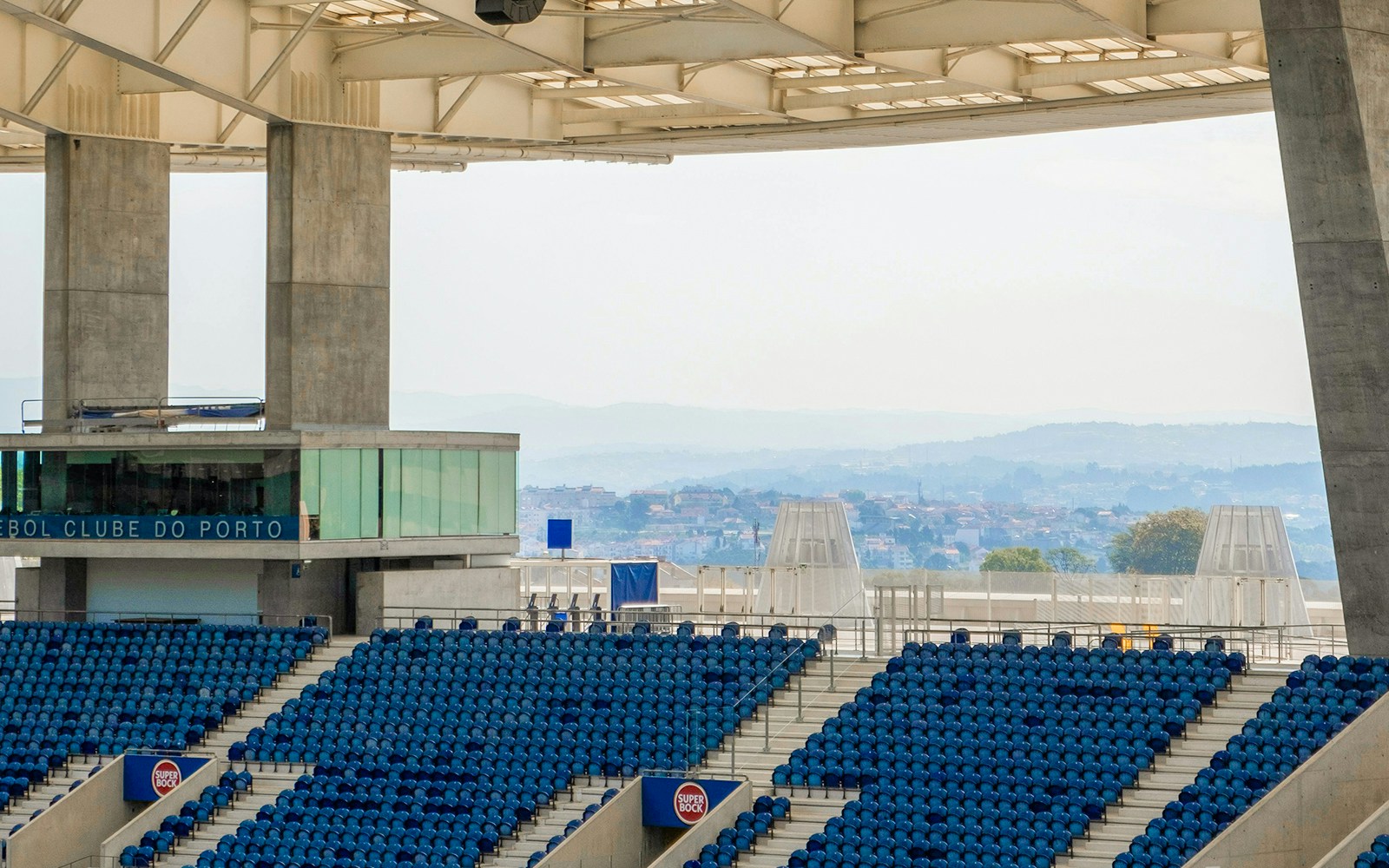 View from top stand of FC Porto stadium overlooking the field and seating areas, Porto, Portugal.