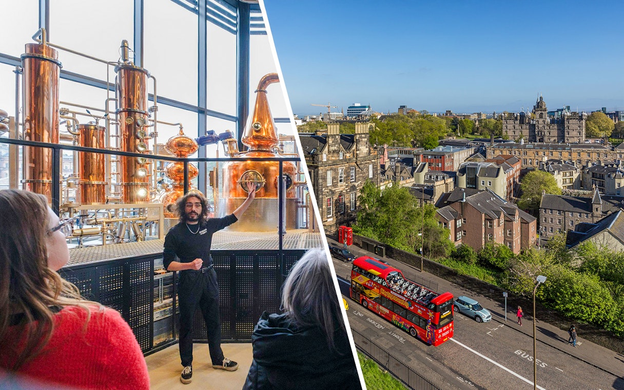 Distillery tour guide in Edinburgh with cityscape and sightseeing bus.