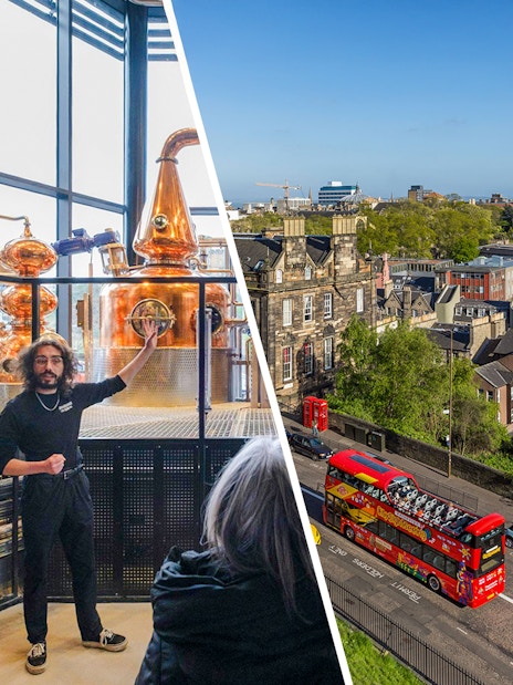 Distillery tour guide in Edinburgh with cityscape and sightseeing bus.