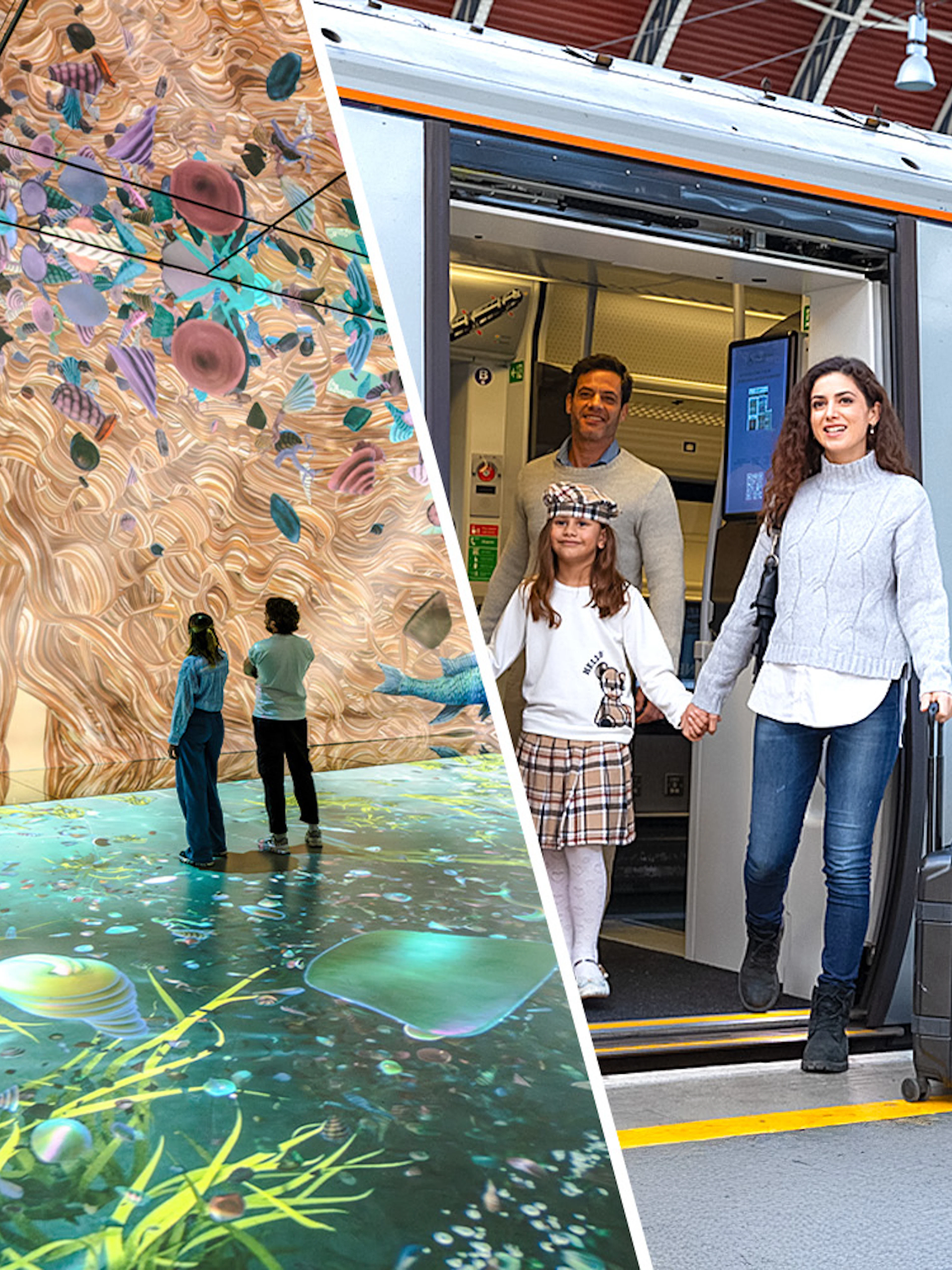 Frameless art exhibit in London and family exiting Heathrow Express train.