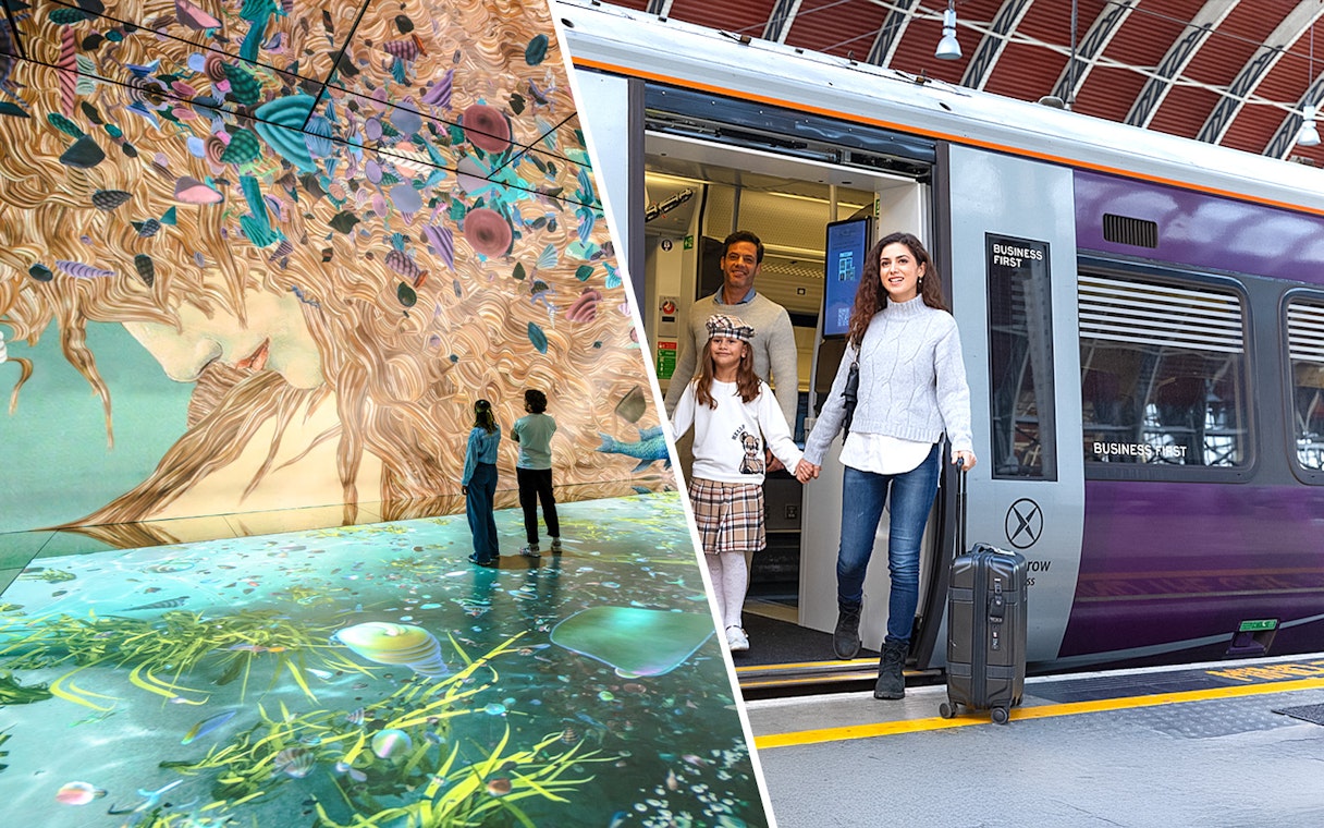 Frameless art exhibit in London and family exiting Heathrow Express train.