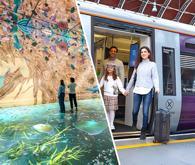 Frameless art exhibit in London and family exiting Heathrow Express train.