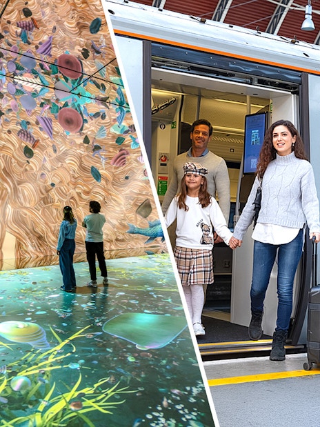 Frameless art exhibit in London and family exiting Heathrow Express train.