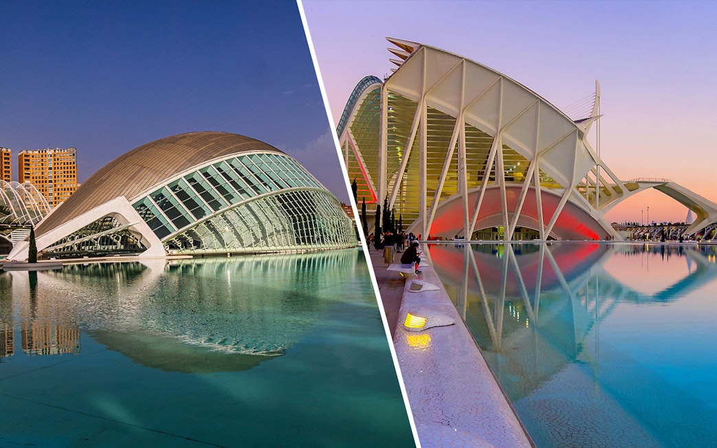 Hemisfèric and Science Museum in Valencia reflected in water.