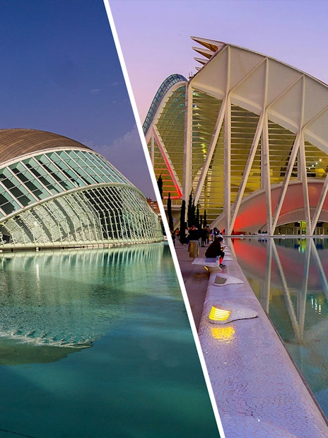 Hemisfèric and Science Museum in Valencia reflected in water.
