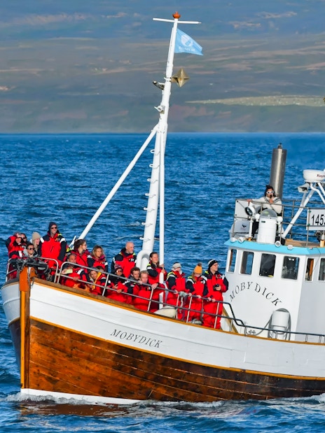 Whale watching tourists on the Moby Dick boat in Icelandic waters.
