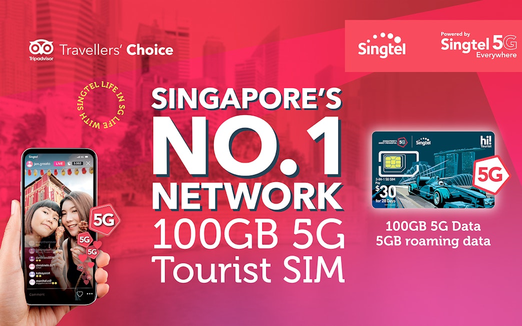 Singtel 5G Tourist SIM card with 100GB data offer in Singapore.