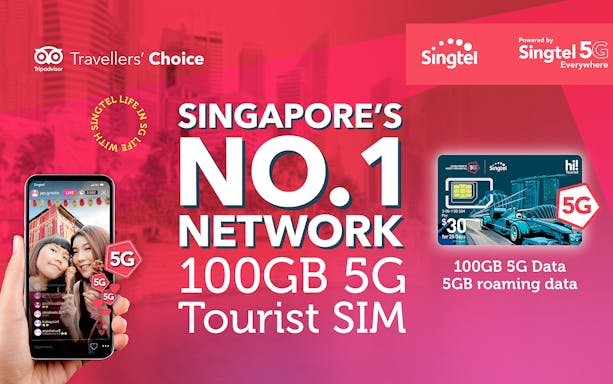 Singtel 5G Tourist SIM card with 100GB data offer in Singapore.