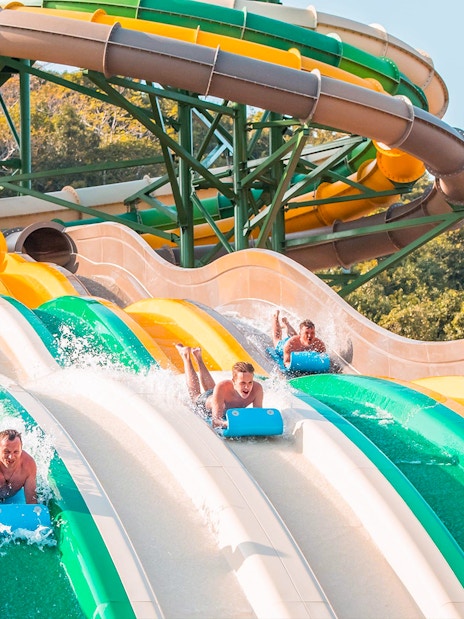 People enjoying waterslides at Sun World Hon Thom in Phu Quoc.