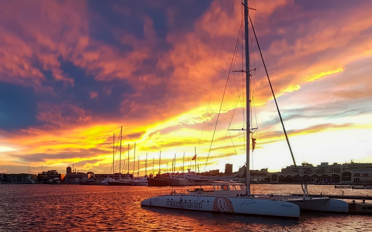 Catamarán en el puerto de Valencia al atardecer.