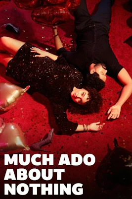 Couple lying on red carpet with balloons, Much Ado About Nothing Westend.