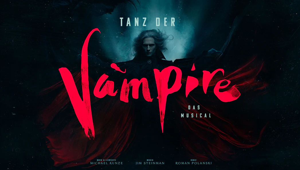Poster for Dance of Vampires musical in Stuttgart with vampire figure and red text.