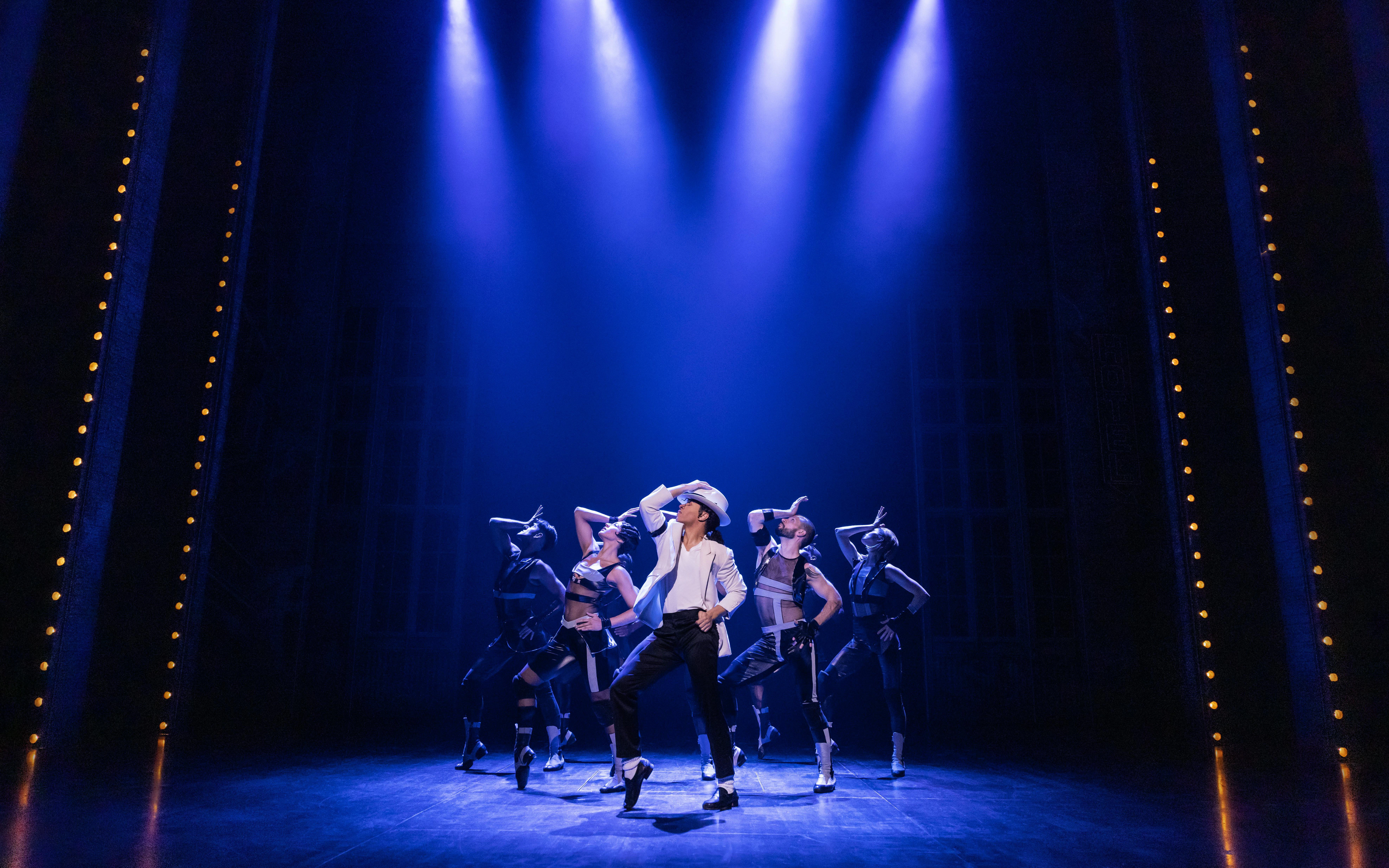 Performers dancing on stage during MJ the Musical on Broadway.