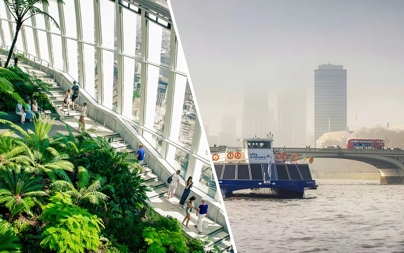 Sky Garden interior with lush plants and people, and a Thames River cruise boat near a bridge in London.