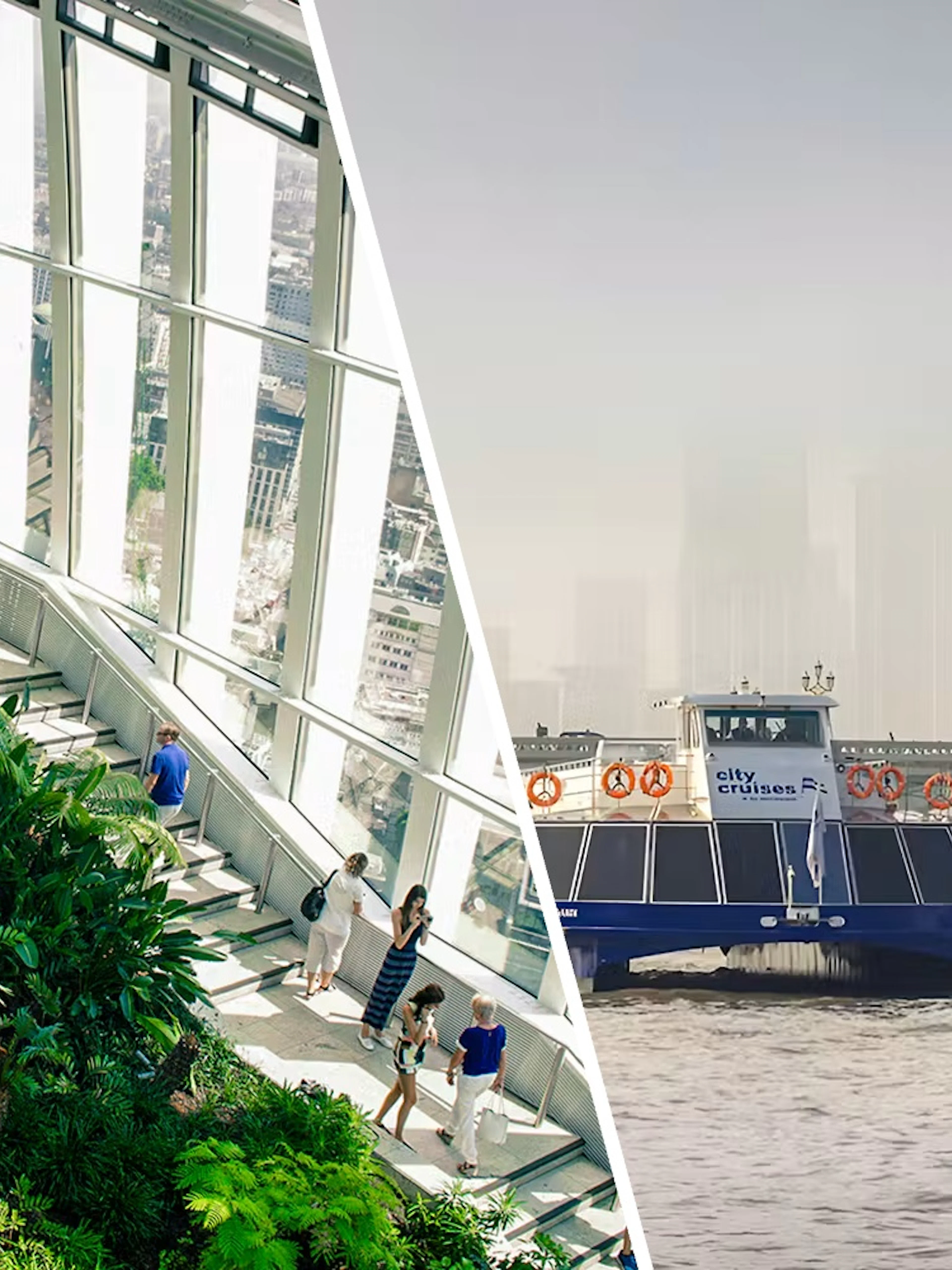 Sky Garden interior with lush plants and people, and a Thames River cruise boat near a bridge in London.
