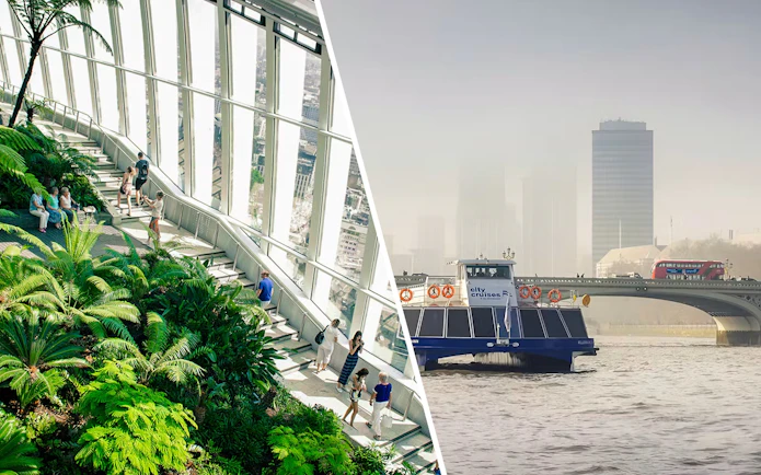 Sky Garden interior with lush plants and people, and a Thames River cruise boat near a bridge in London.