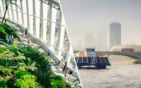 Sky Garden interior with lush plants and people, and a Thames River cruise boat near a bridge in London.