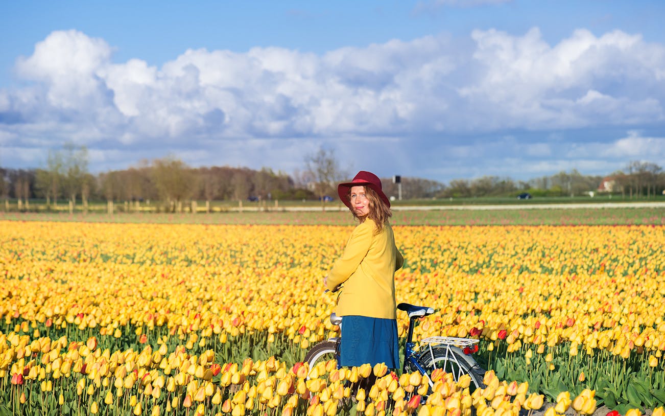 Person standing with a bicycle in a field of yellow tulips at Keukenhof, Netherlands.