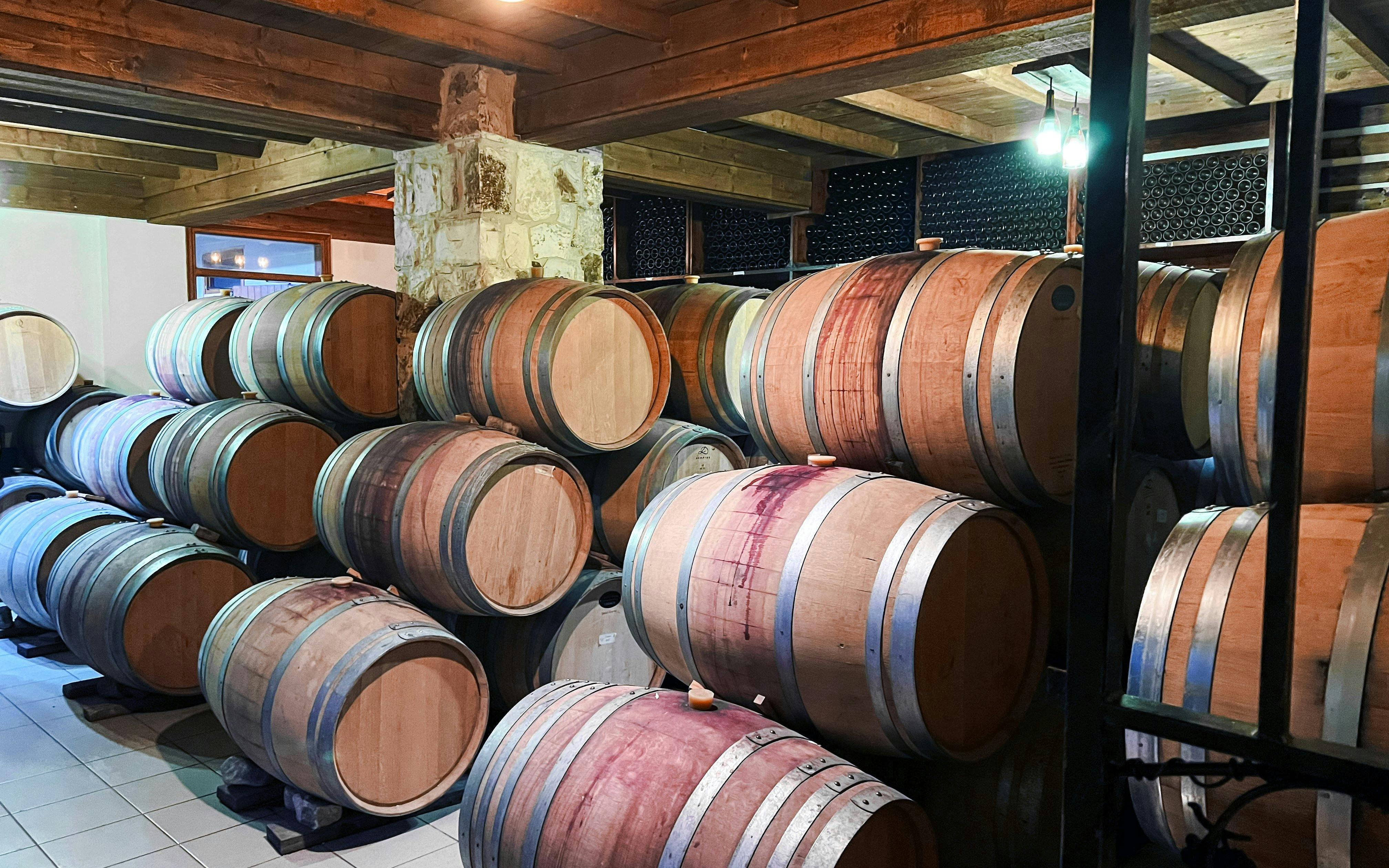 Rustic wine cellar in Cyprus with wooden barrels for vineyard tours.