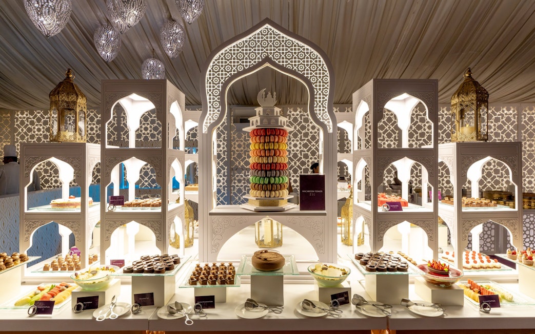 Buffet with desserts and macarons at Asateer tent for Iftar and Suhoor, Atlantis, The Palm, Dubai.