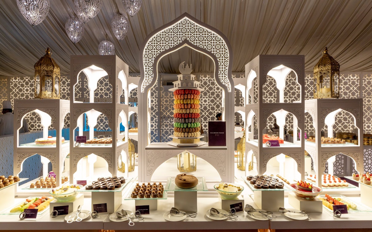 Buffet with desserts and macarons at Asateer tent for Iftar and Suhoor, Atlantis, The Palm, Dubai.