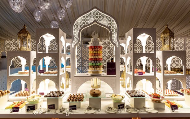 Buffet with desserts and macarons at Asateer tent for Iftar and Suhoor, Atlantis, The Palm, Dubai.