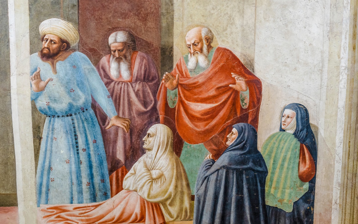Fresco scene from Brancacci Chapel depicting biblical figures in discussion.