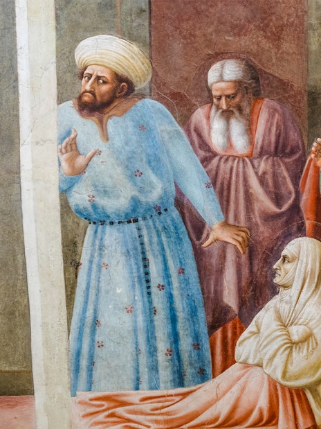 Fresco scene from Brancacci Chapel depicting biblical figures in discussion.