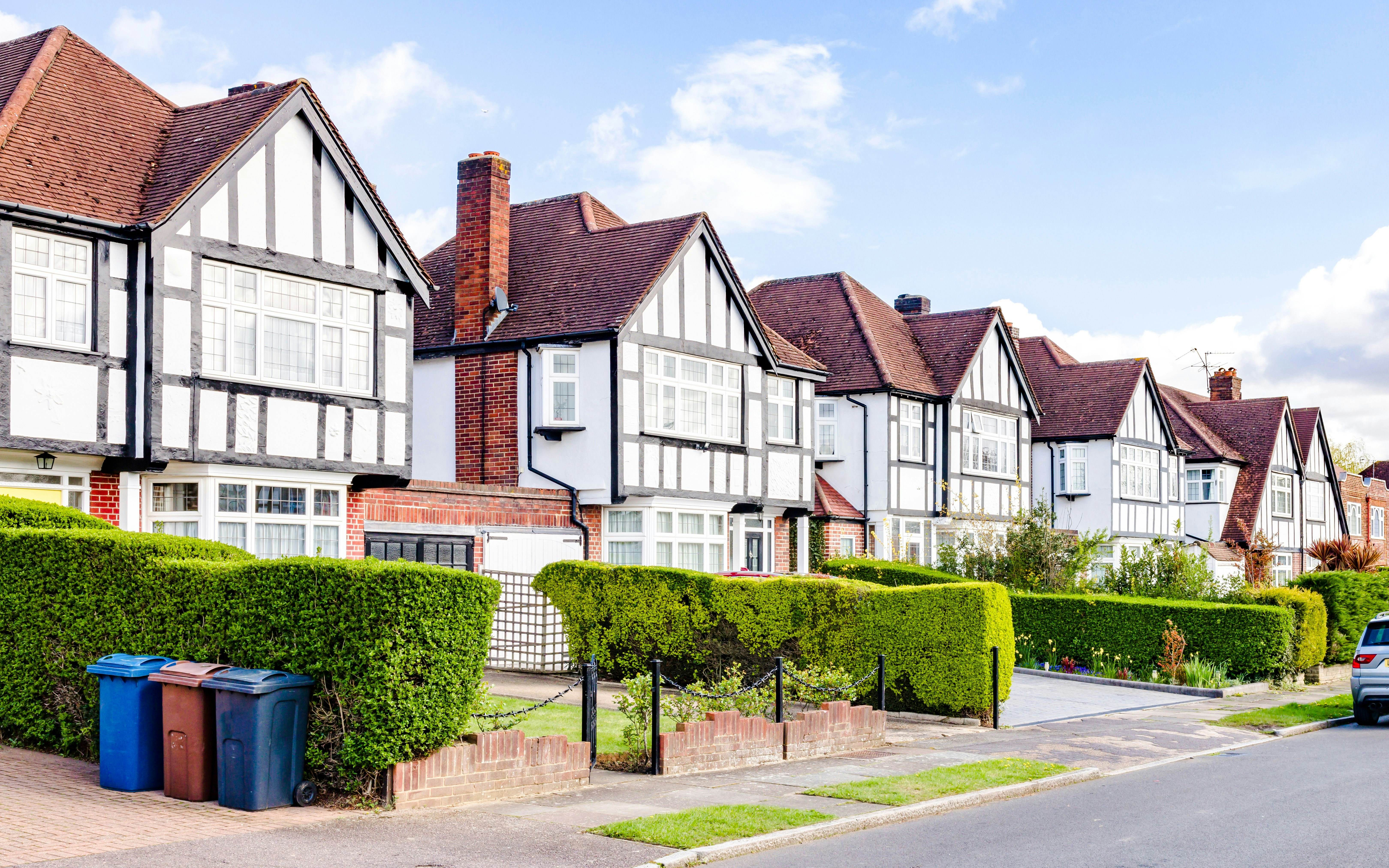 Suburban street with Tudor-style houses, Harrow, London