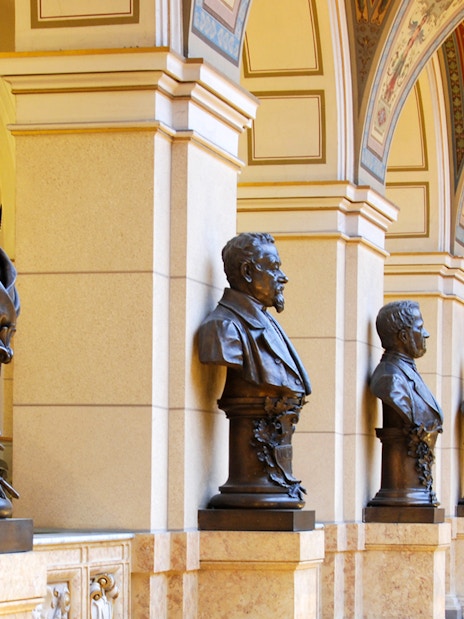 Bust sculptures in the Prague National Museum hallway, viewed with Prague CoolPass.