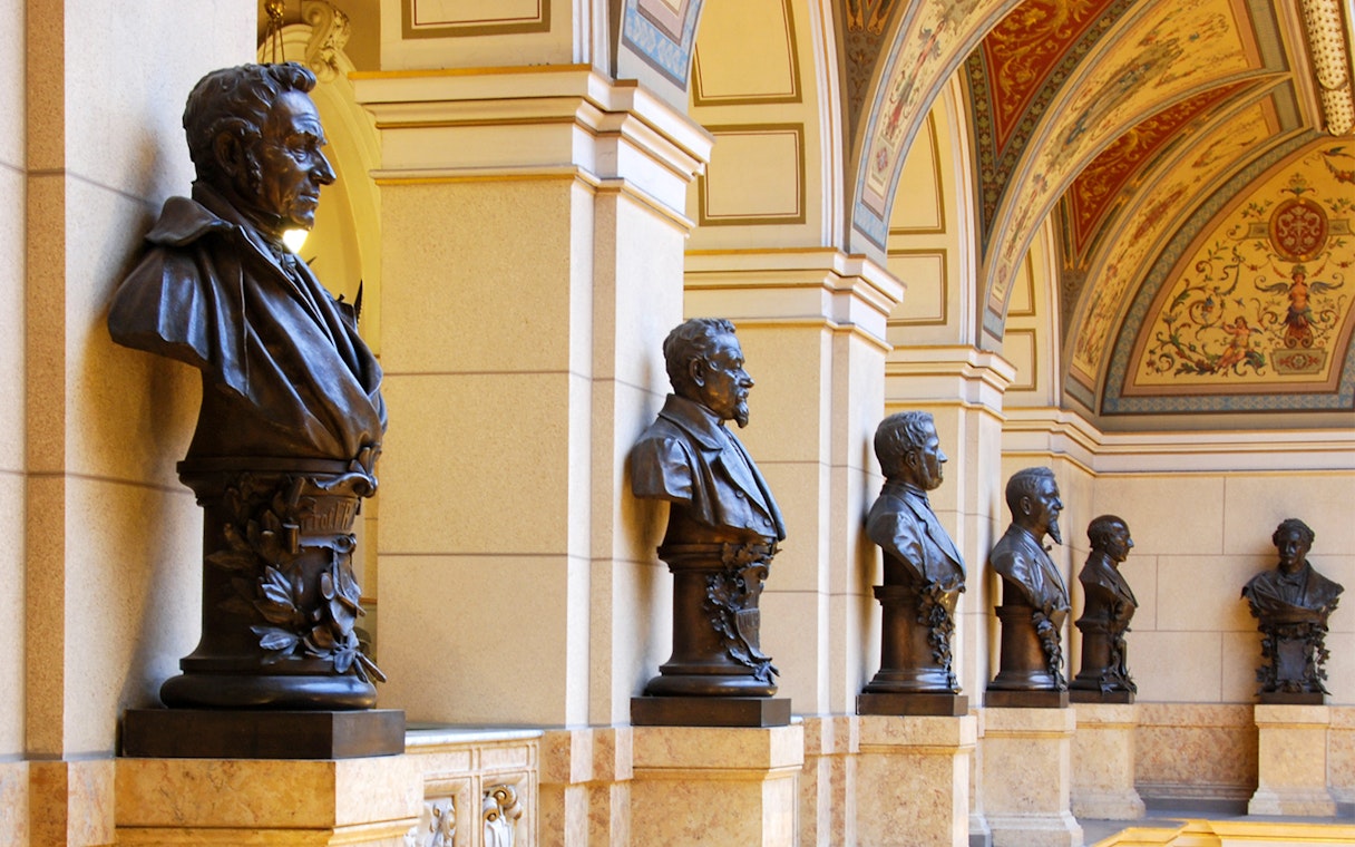 Bust sculptures in the Prague National Museum hallway, viewed with Prague CoolPass.