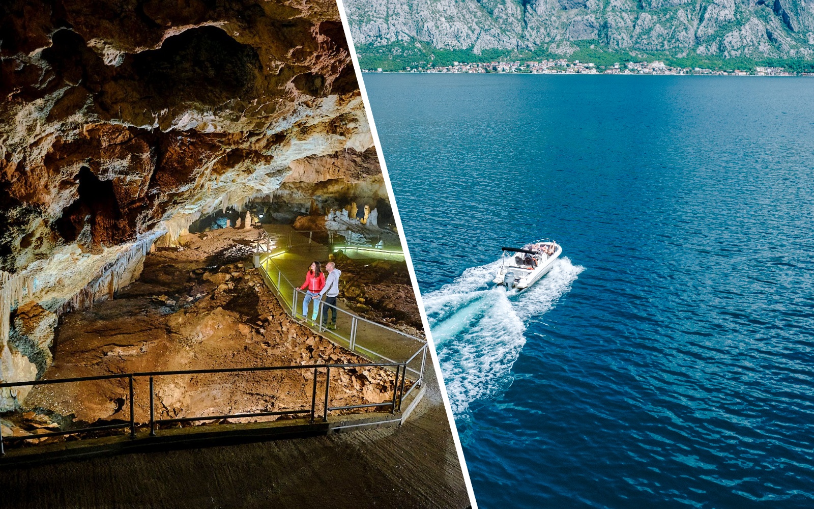 Tourists exploring Lipa Cave, Cetinje, with illuminated stalactites.