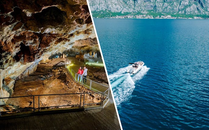 Tourists exploring Lipa Cave, Cetinje, with illuminated stalactites.