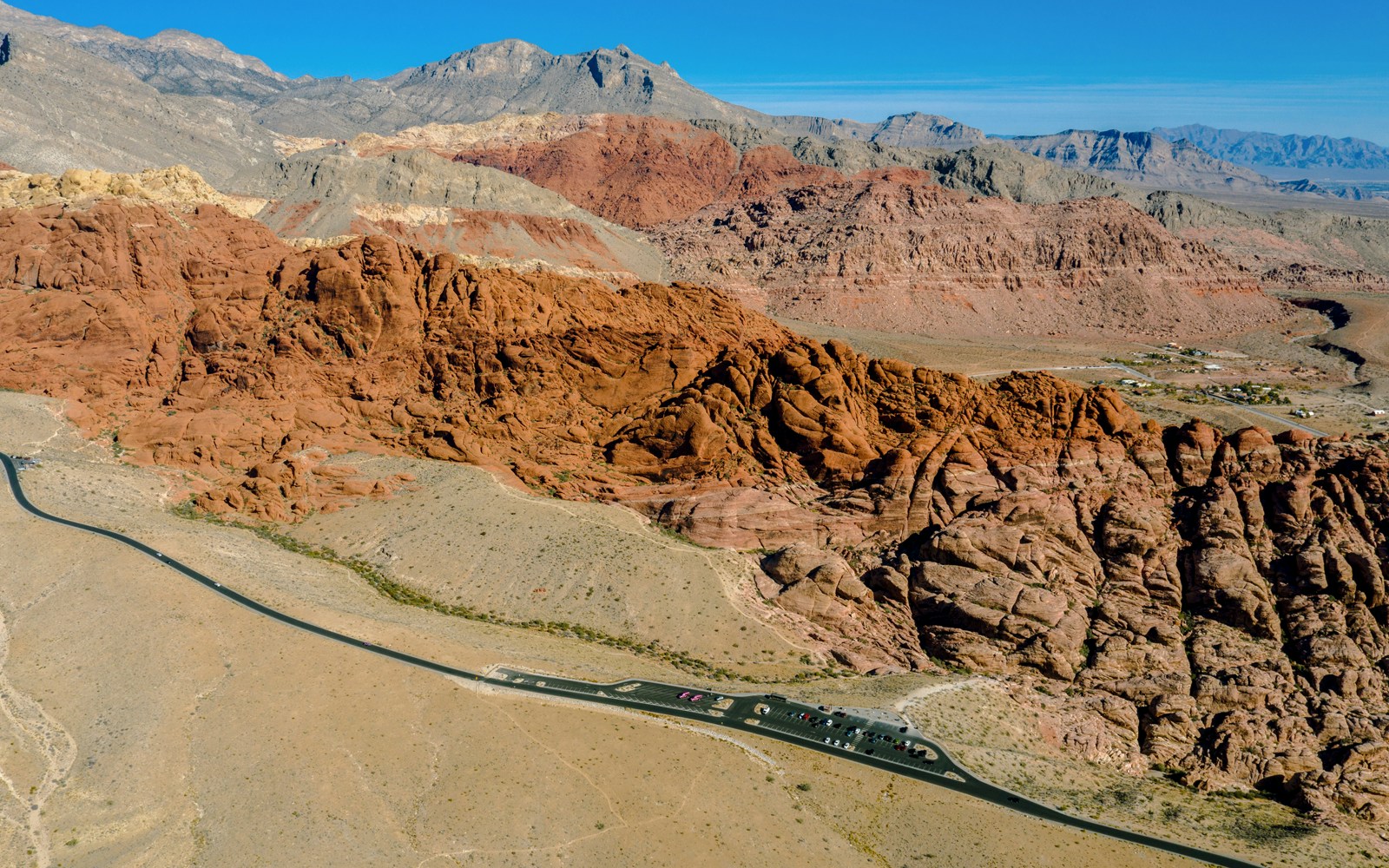 Aerial view of Red Rock Canyon sandstone formations near Las Vegas during helicopter tour.