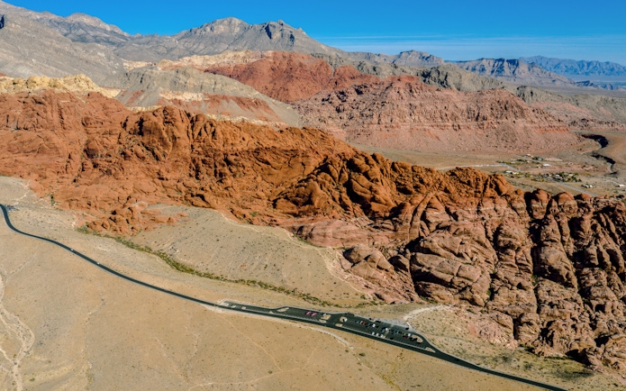 Aerial view of red rock sandstone formations in Red Rock Canyon near Las Vegas.